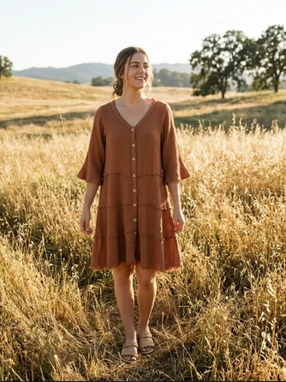 Easel Gauze Dress M Rust Button Front 3/4 Flare Sleeve Boho Minimalist Prairie